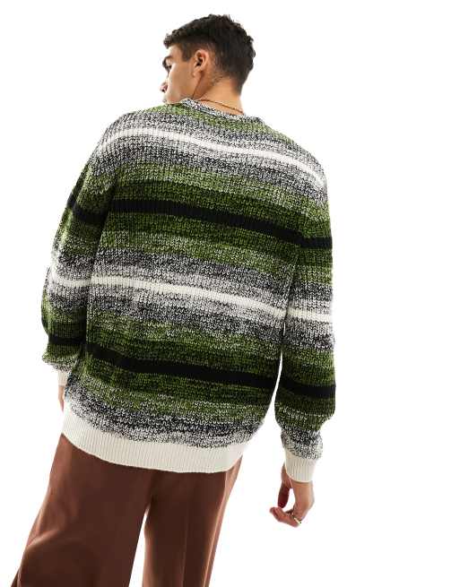 GREEN STRIPE CHUNKY KNIT RIB OVERSIZED SWEATER