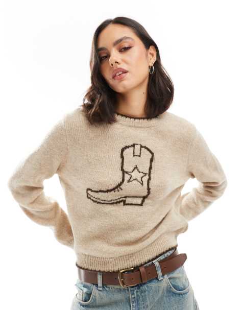 ASOS DESIGN knitted oversized jumper with cowboy boot in cream