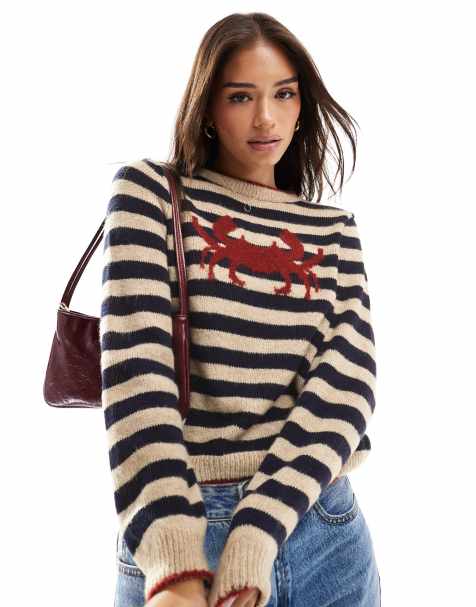 ASOS DESIGN knitted oversized jumper with crab in blue stripe - view 1