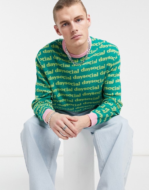 ASOS Daysocial knitted oversized jumper with all over pattern in green