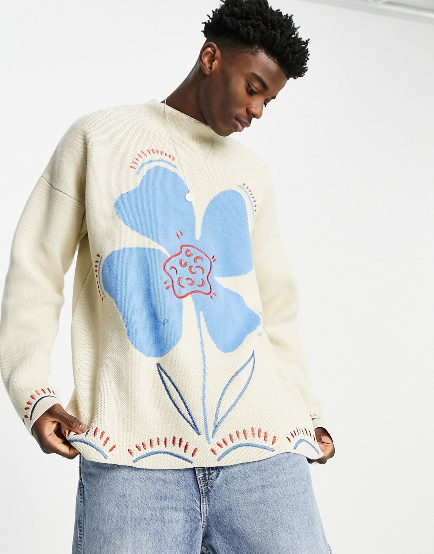 ASOS DESIGN knitted oversized jumper with embroidered floral design-Neutral