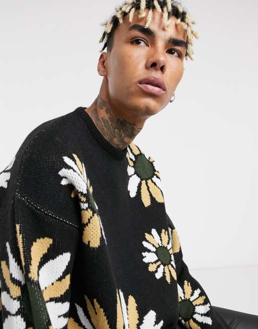 ASOS DESIGN knitted oversized jumper with floral design in black