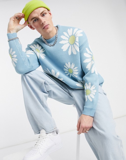 ASOS DESIGN knitted oversized jumper with floral design in dusty blue