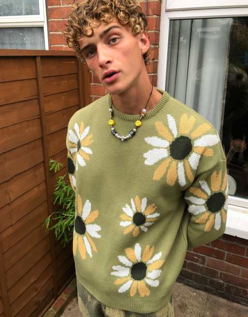 ASOS DESIGN knitted oversized jumper with floral design in khaki