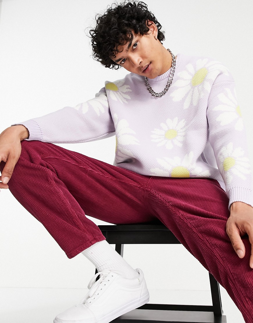 ASOS DESIGN knitted oversized jumper with floral design in lilac-Purple