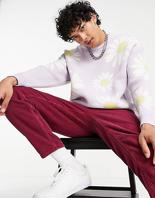 ASOS DESIGN knitted oversized jumper with floral design in lilac