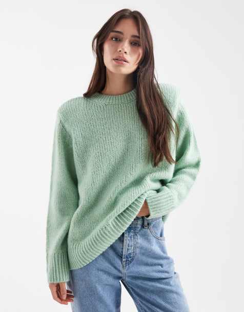 ASOS DESIGN knitted oversized jumper with shoulder pads in sage - view 1