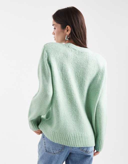 ASOS DESIGN knitted oversized jumper with shoulder pads in sage, 3 of 4