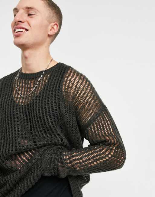 ASOS DESIGN knitted oversized mesh jumper in washed black