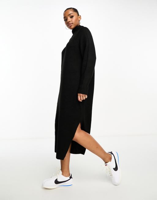 ASOS DESIGN knitted oversized midi dress with high neck in black 