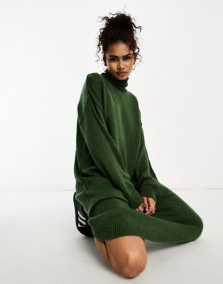Asos Design Knitted Oversized Midi Dress With High Neck In Khaki-green