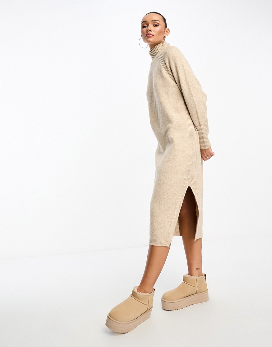 ASOS DESIGN knitted oversized midi dress with high neck in stone-Neutral