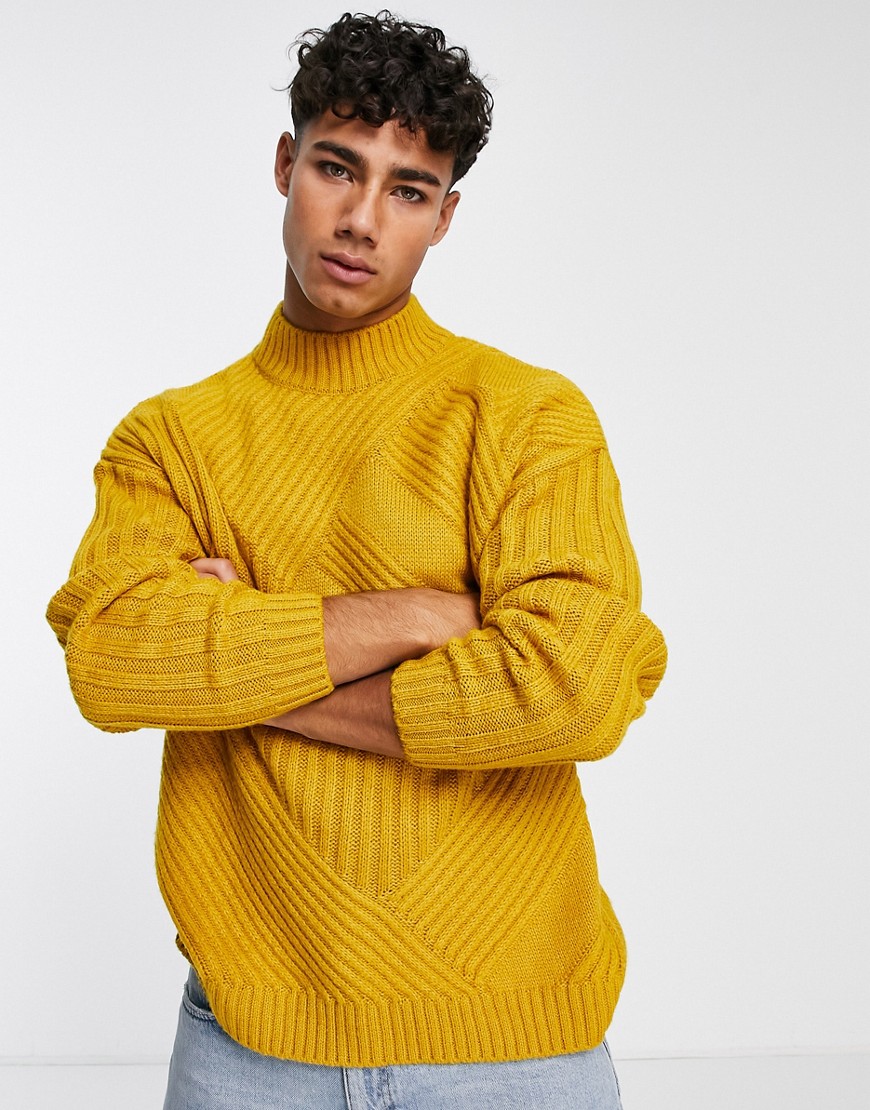 ASOS DESIGN knitted oversized mixed rib turtle neck in mustard-Yellow