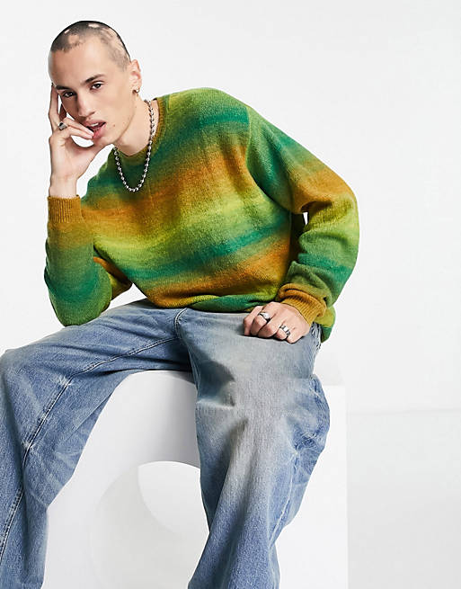 Jumpers & Cardigans knitted oversized ombre stripe crew neck jumper in green 