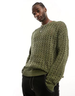 ASOS DESIGN oversized knitted pointelle crew neck jumper in khaki