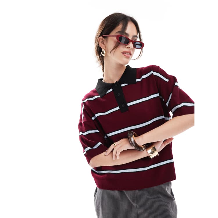 ASOS DESIGN knitted oversized polo shirt in burgundy stripe ASOS