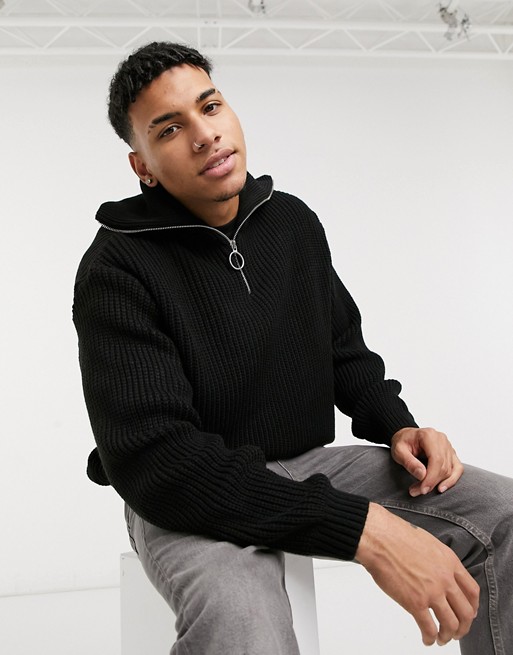 ASOS DESIGN knitted oversized rib half zip jumper in black
