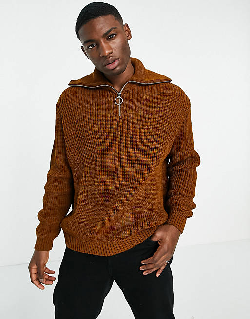 ASOS DESIGN knitted oversized rib half zip jumper in brown melange