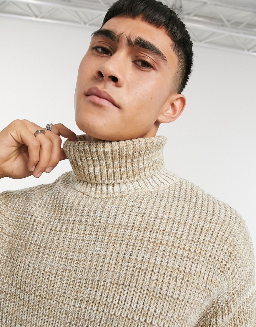 ASOS DESIGN knitted oversized rib roll-neck sweater in oatmeal twist-Neutral