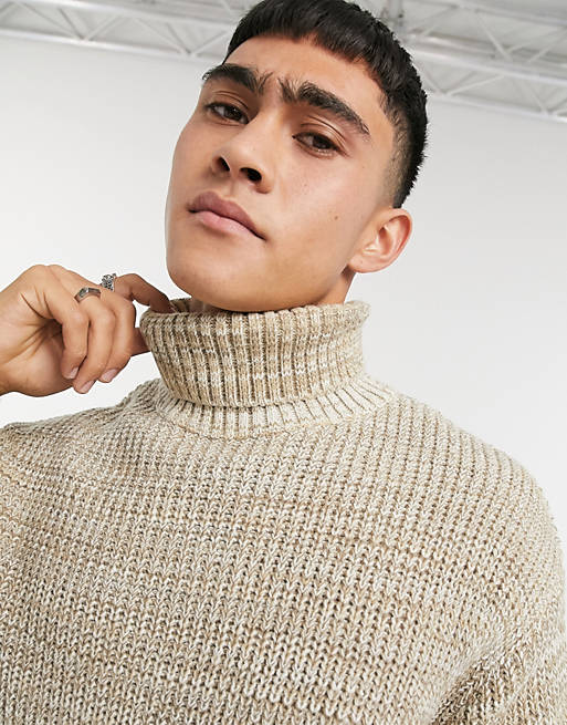 ASOS DESIGN knitted oversized rib roll-neck sweater in oatmeal twist | ASOS