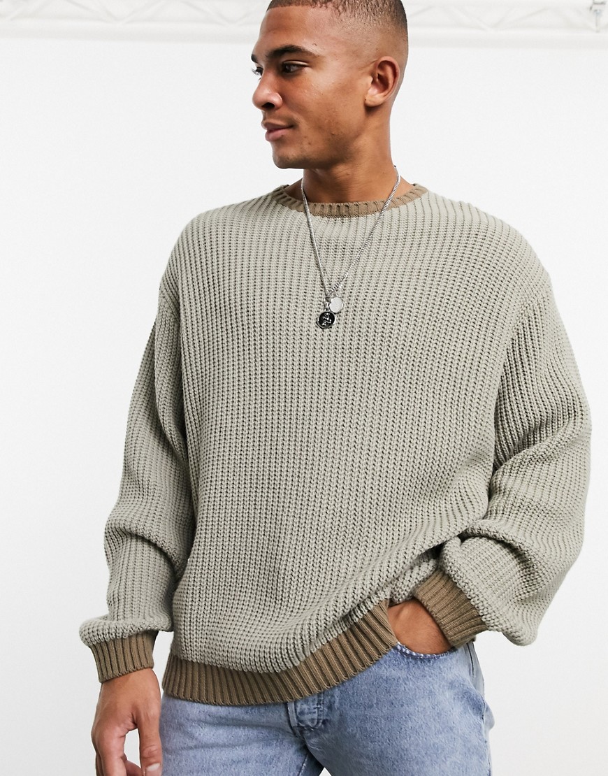 ASOS DESIGN knitted oversized rib sweater in mink with contrast trim-Brown