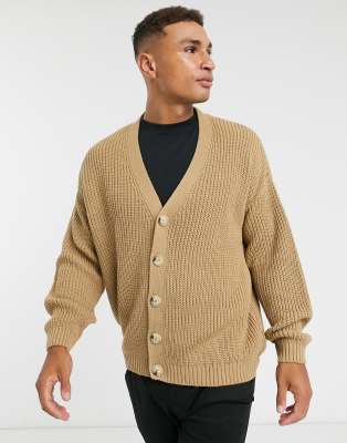 ASOS DESIGN knitted oversized ribbed v cardigan in camel-Brown