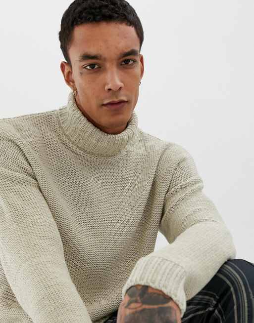 ASOS DESIGN knitted oversized roll neck jumper in beige, 2 of 4