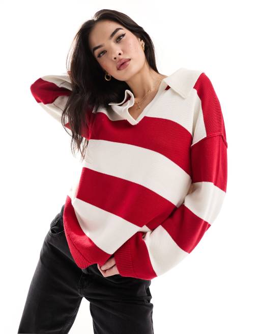 ASOS DESIGN knitted oversized rugby polo shirt in red stripe