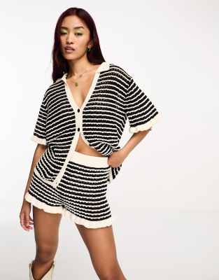 ASOS DESIGN knitted oversized shirt in black and white stripe - part of a set