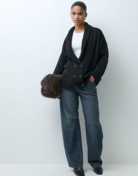 ASOS DESIGN knitted oversized slouchy double breast cardigan in black - view 1