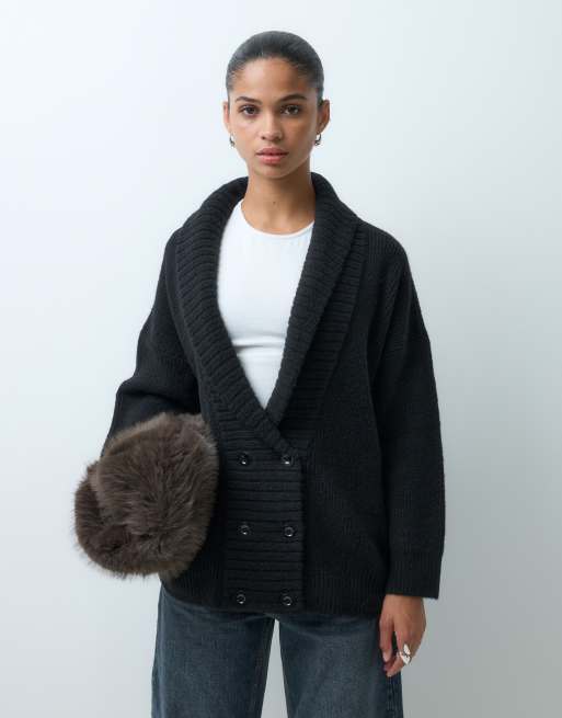 ASOS DESIGN knitted oversized slouchy double breast cardigan in black, 3 of 5