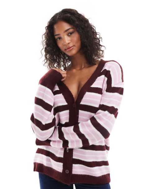 ASOS DESIGN knitted oversized stripe cardigan in burgundy and pink - view 1