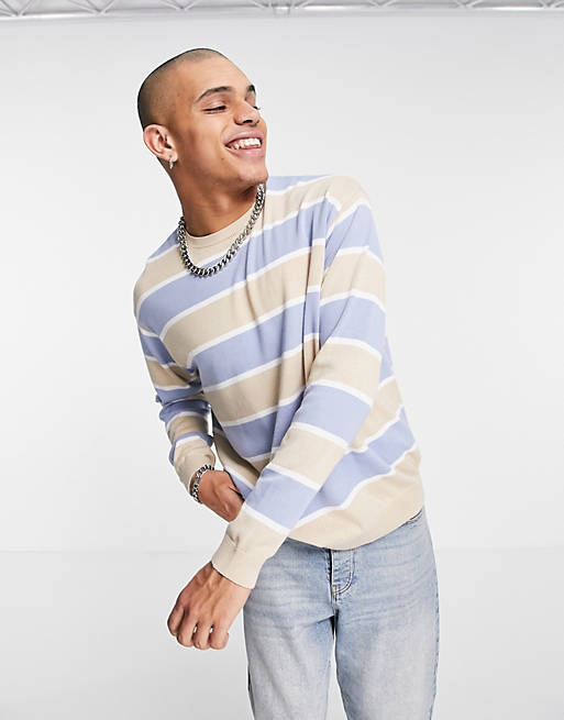 ASOS DESIGN knitted oversized stripe jumper in pale blue