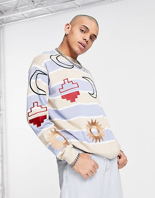 ASOS DESIGN knitted oversized stripe jumper with embroidery pattern