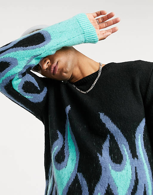chef undertøj trend ASOS DESIGN knitted oversized sweater with flame design | ASOS