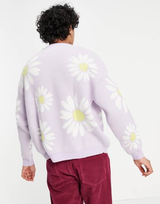 ASOS DESIGN knitted oversized sweater with floral design in lilac