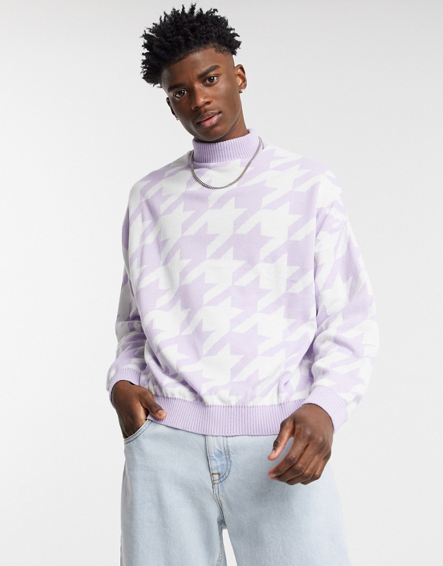 ASOS DESIGN knitted oversized sweater with houndstooth design in lilac-Purple