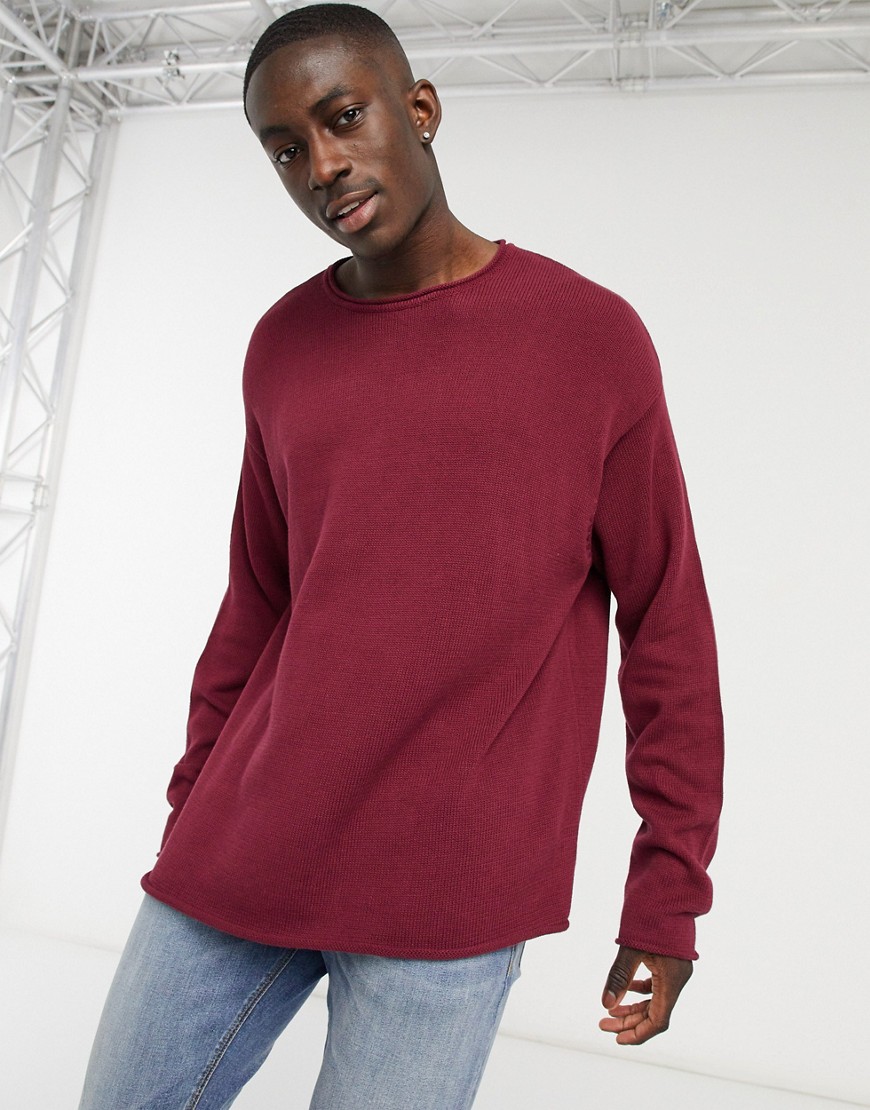 ASOS DESIGN knitted oversized sweater with raw trims in burgundy-Red