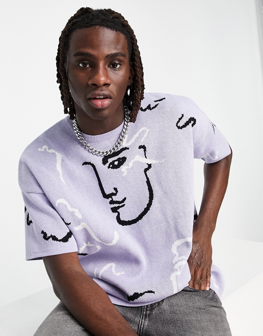 Asos Design Knitted Oversized T-shirt With Handrawn Faces In Lilac-purple