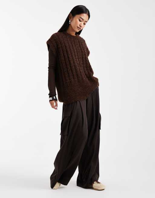 ASOS DESIGN knitted oversized tank in brown cable stitch, 2 of 4