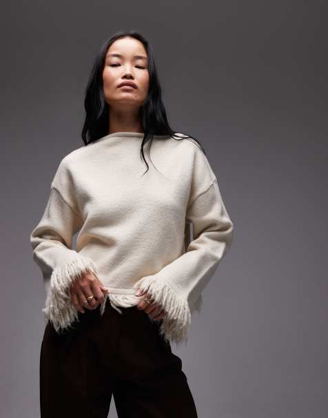 ASOS DESIGN knitted oversized tassel jumper in ecru - view 1