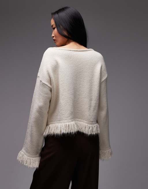 ASOS DESIGN knitted oversized tassel jumper in ecru, 4 of 4