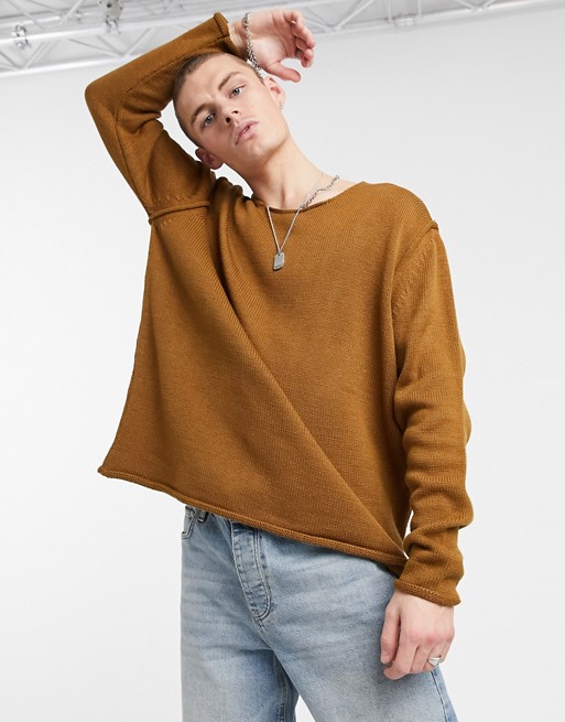 ASOS DESIGN knitted oversized textured jumper in tan