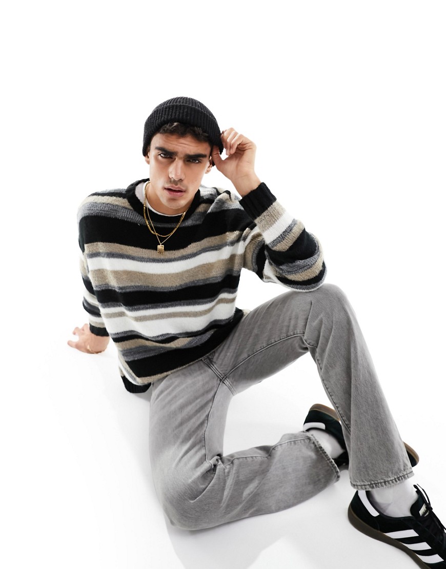ASOS DESIGN knitted oversized textured stripe jumper in monochrome-Grey