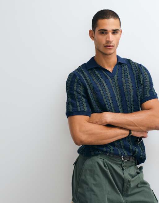 ASOS DESIGN knitted oversized textured stripe notch neck in navy and green, 4 of 5