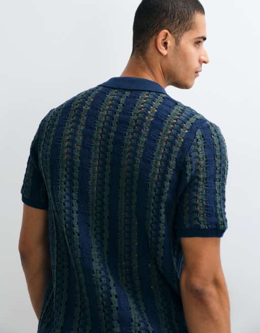 ASOS DESIGN knitted oversized textured stripe notch neck in navy and green, 5 of 5