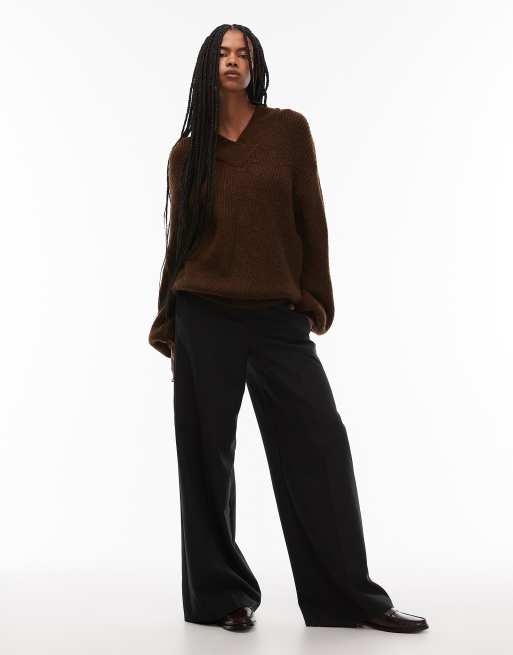ASOS DESIGN knitted oversized v neck jumper in brown, 4 of 4