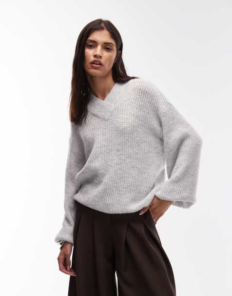 ASOS DESIGN knitted oversized v neck jumper in grey - view 1