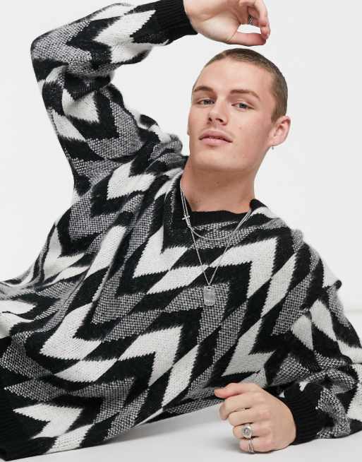 ASOS DESIGN knitted oversized v-neck jumper with monochrome checkerboard in black, 3 of 4