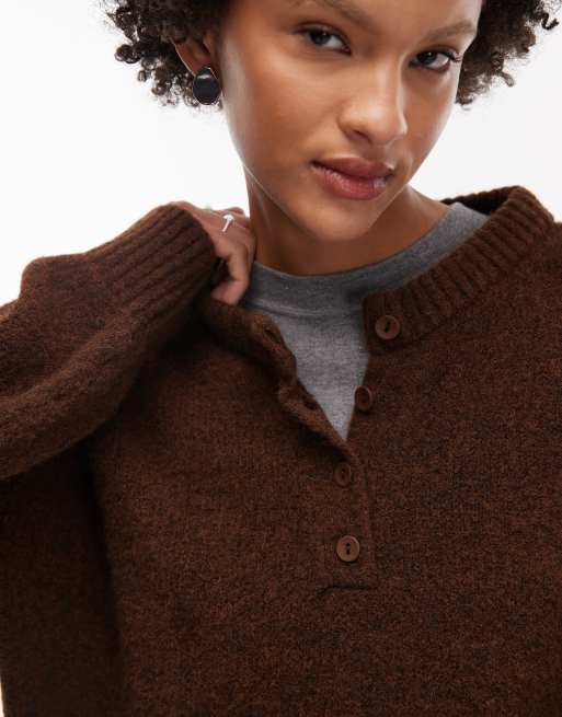 ASOS DESIGN knitted oversized wool-blend henley jumper in chocolate, 4 of 4